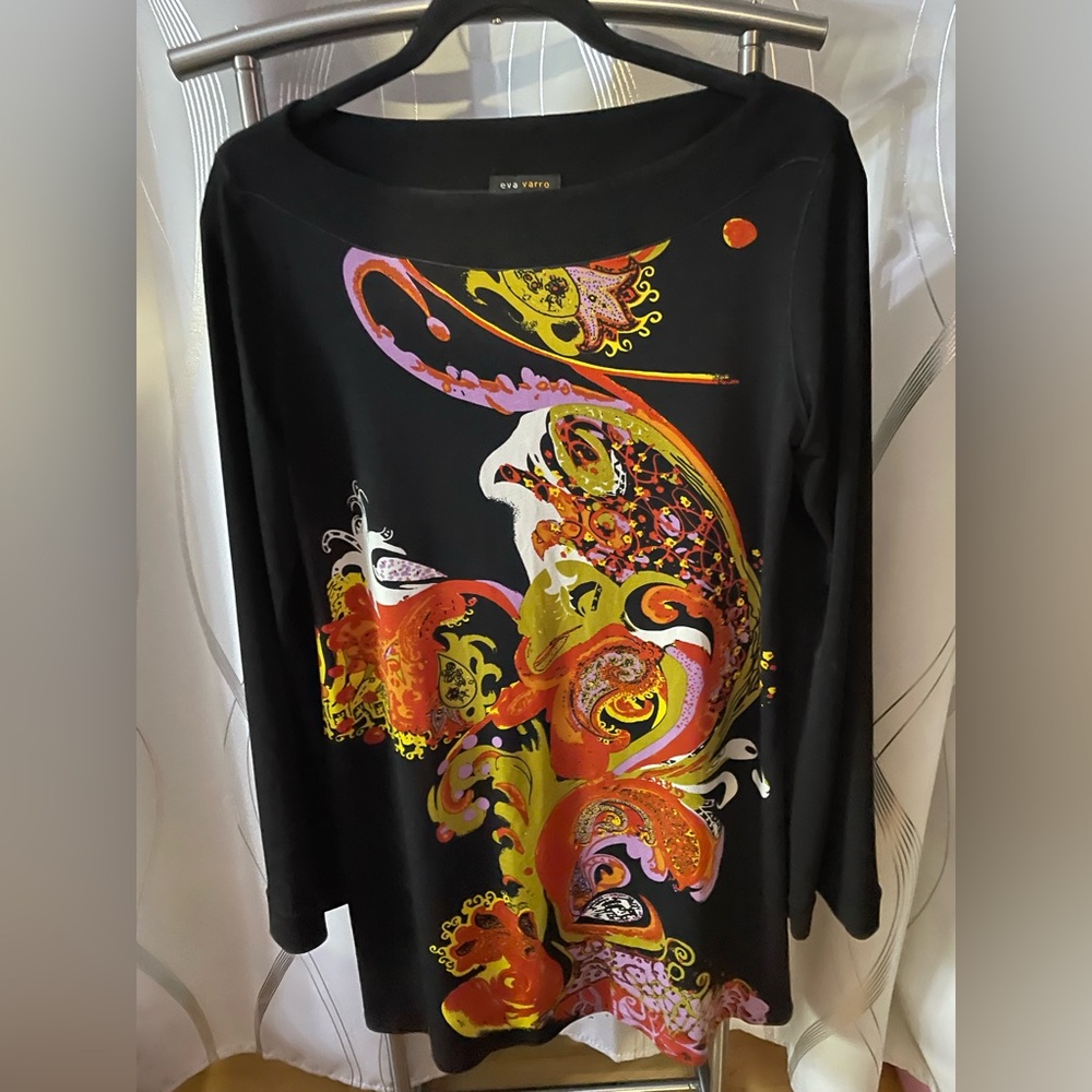Eva Varro Black Tunic with Colorful Abstract Design